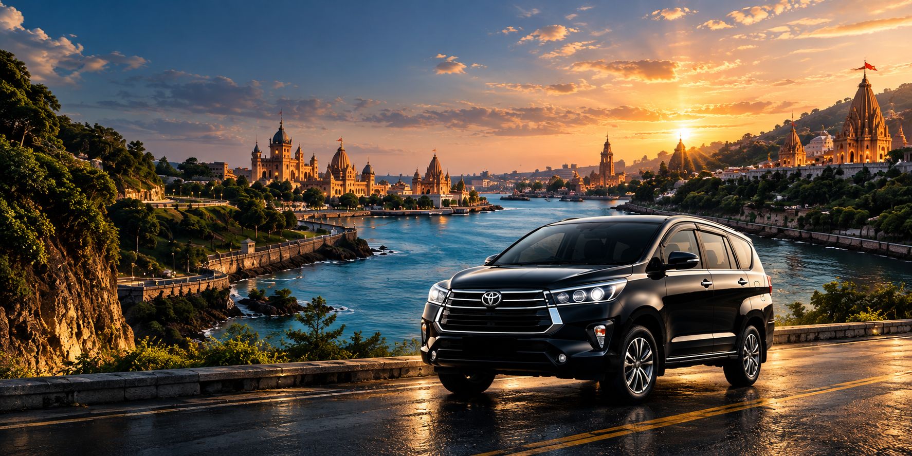 Black Toyota Innova Crysta parked on a coastal road at sunset with temples along the shore